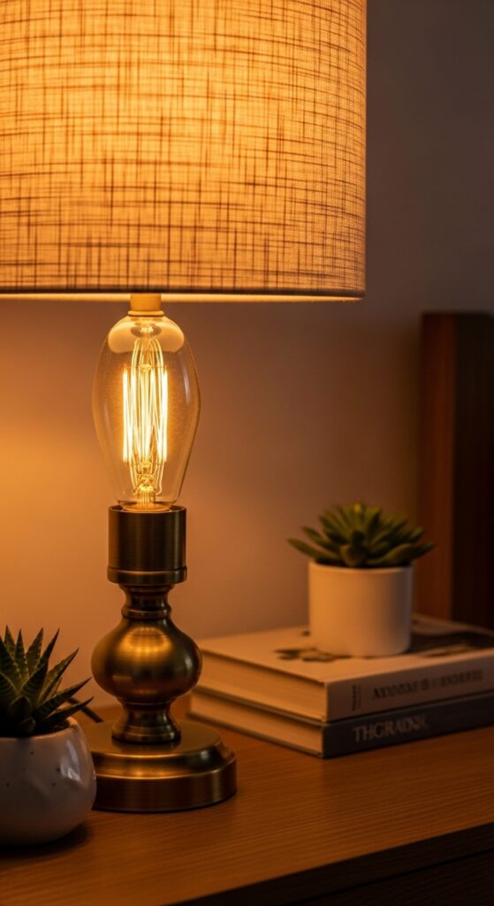 Close-up of warm brass bedside lamp creating cozy ambient lighting