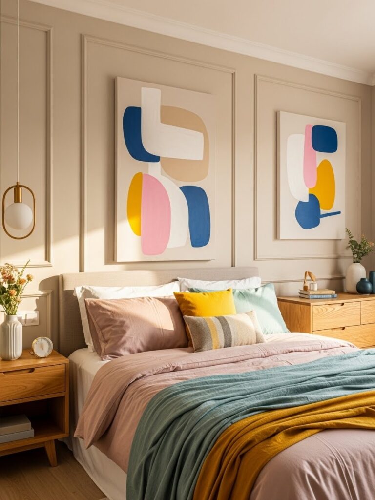 Warm beige and crisp white modern bedroom with colorful accents and cozy 2026 decor