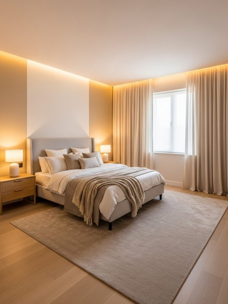 Warm beige and soft cream bedroom color palette with a cozy modern full room view