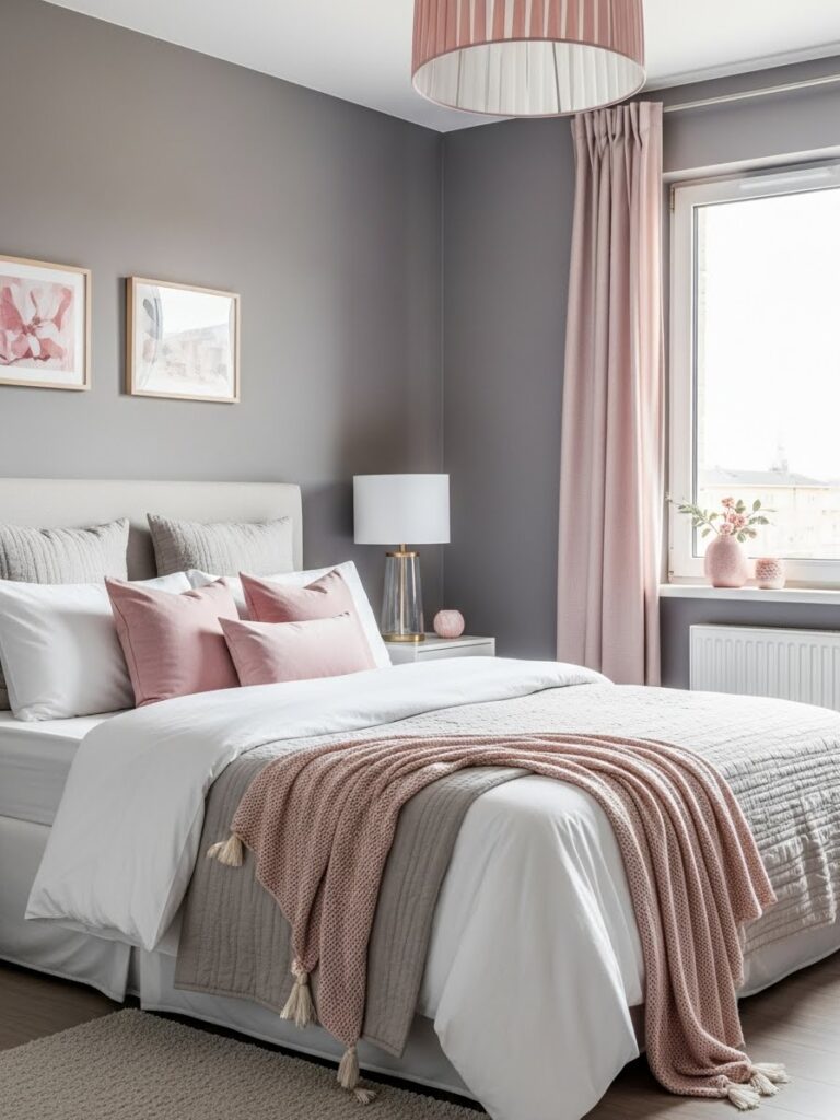 Warm gray bedroom with blush undertones and cozy modern decor