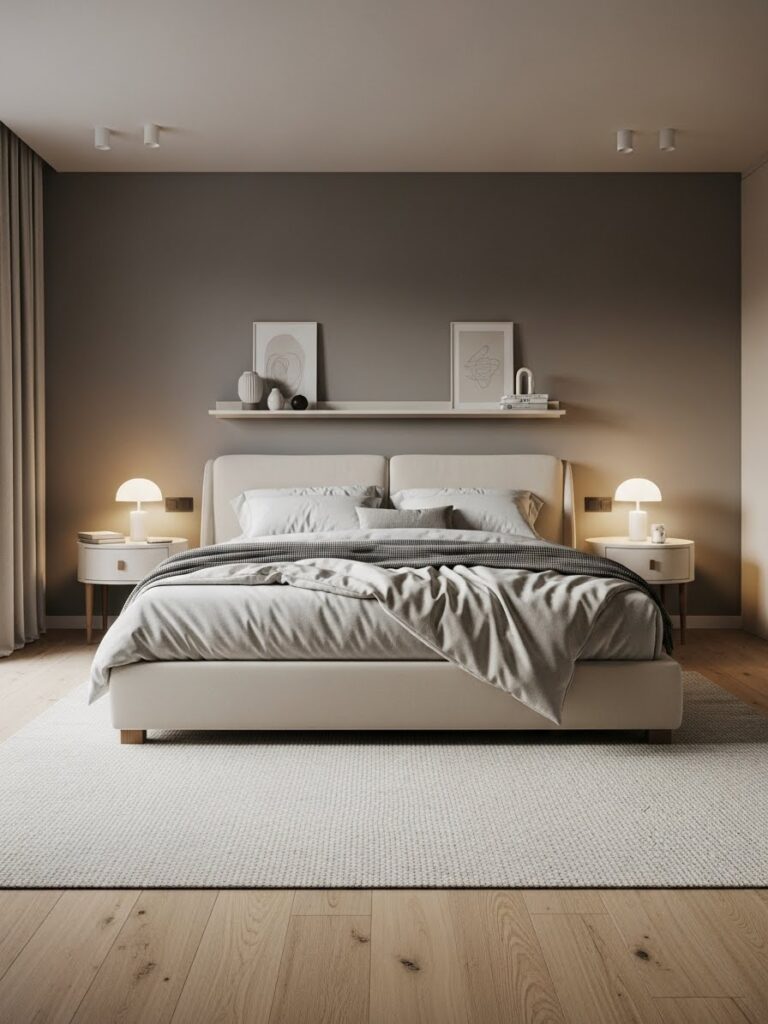Warm gray and cream modern bedroom color palette with full room view