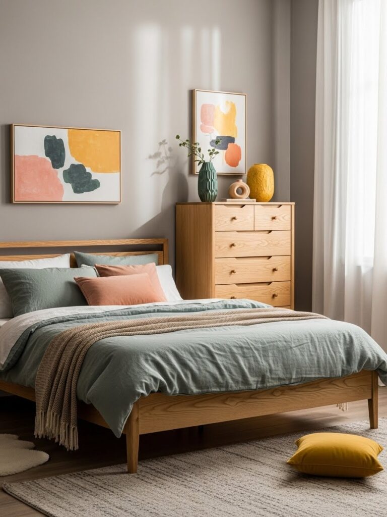 Warm gray bedroom with natural textures and colorful accents