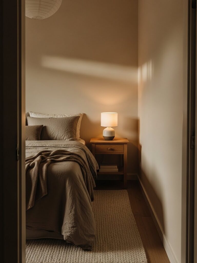 Modern layered neutral bedroom palette that adds depth without closing space