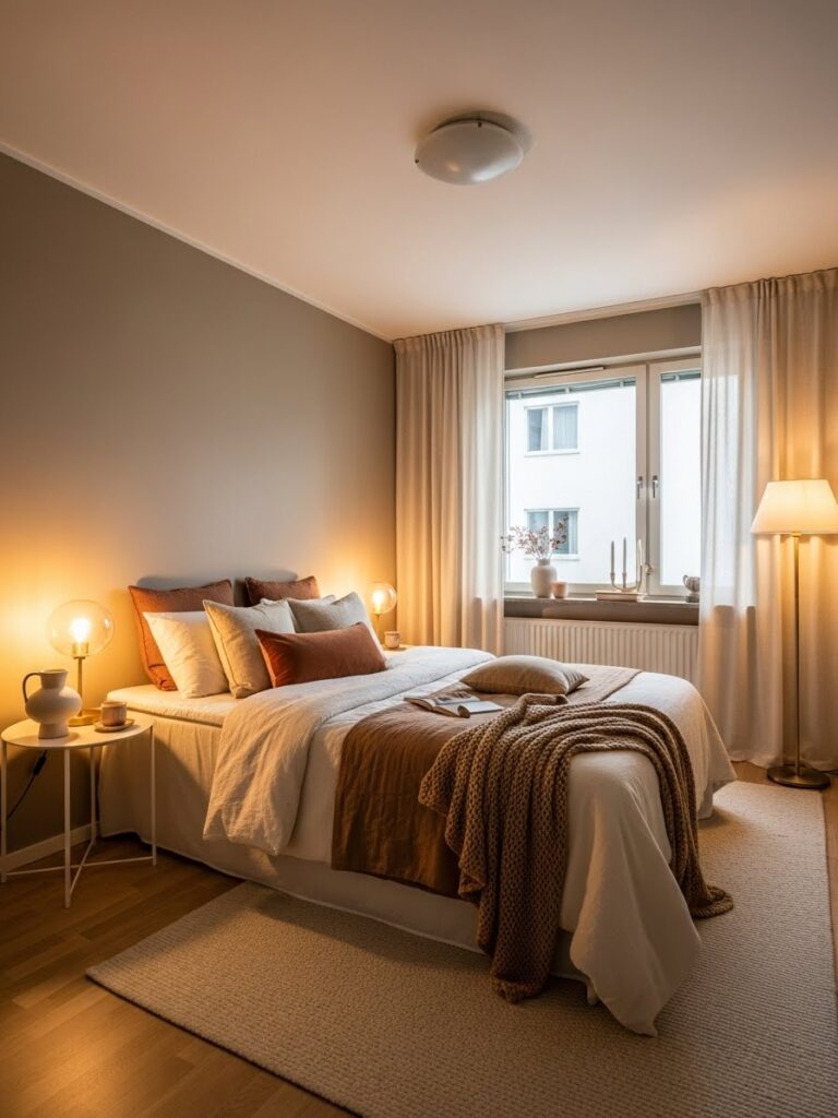 Warm taupe neutral bedroom palette creating a cozy modern atmosphere