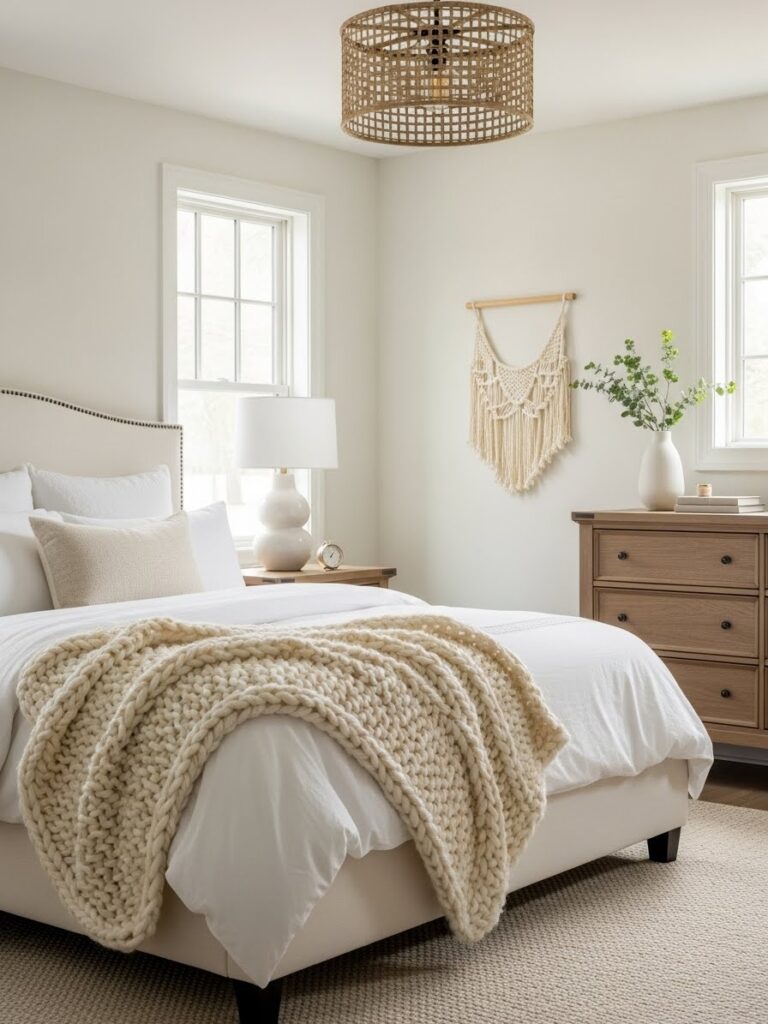 Cozy bedroom with Warm White paint showing yellow-cream undertones creating comfortable inviting atmosphere