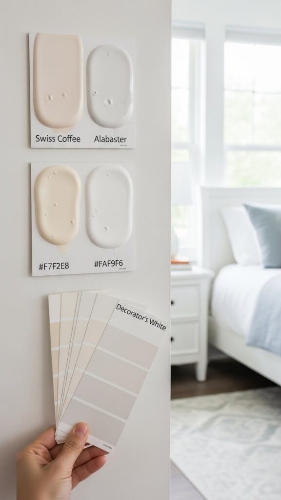 Warm white paint color swatches being compared in natural bedroom lighting showing undertone differences