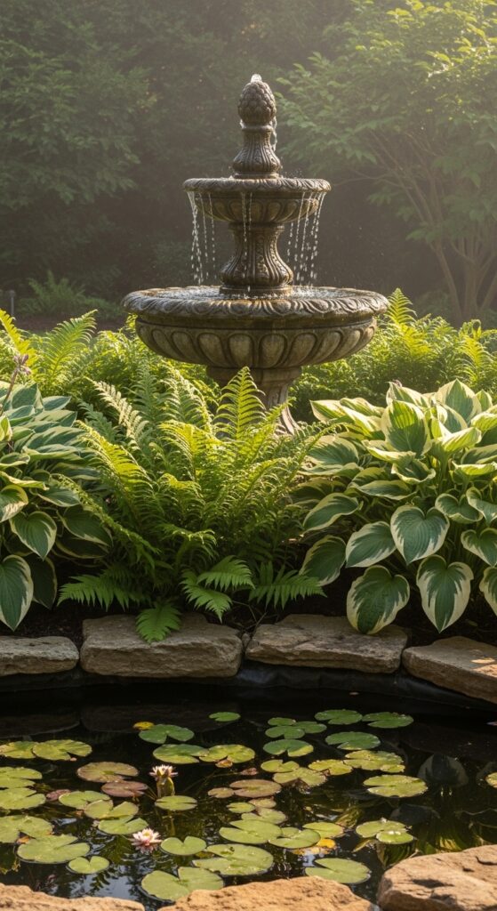 Stone water fountain surrounded by lush ferns and small pond in tranquil backyard garden
