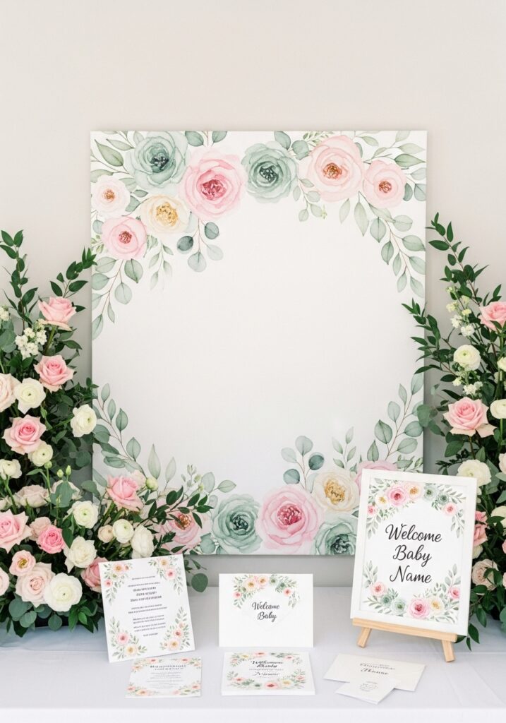 Watercolor floral baby shower with painted backdrop and matching decorations