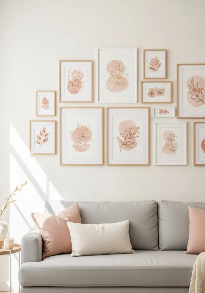 Gallery wall featuring blush and gold watercolor paper art prints