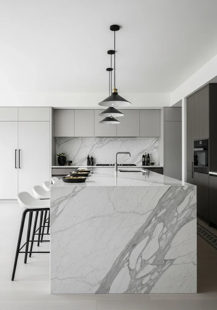 Kitchen island with white marble waterfall edge and modern pendant lighting