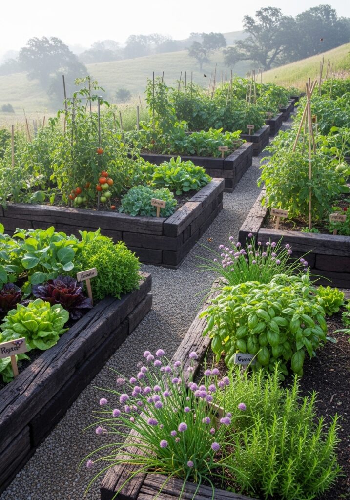Railroad tie borders creating terraced raised garden beds on hillside