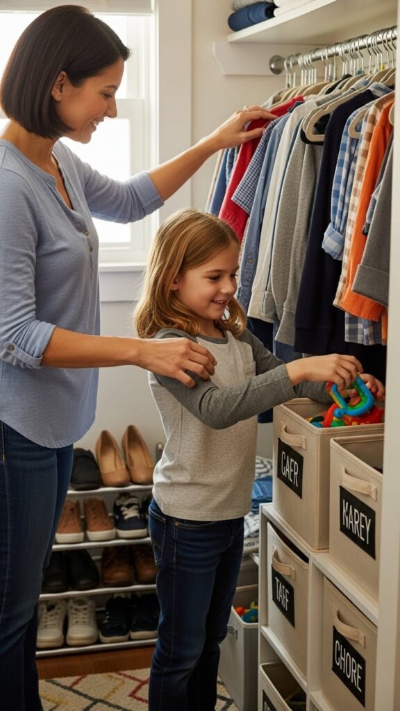  Parent and child organizing small closet together during weekly maintenance routine keeping system functional