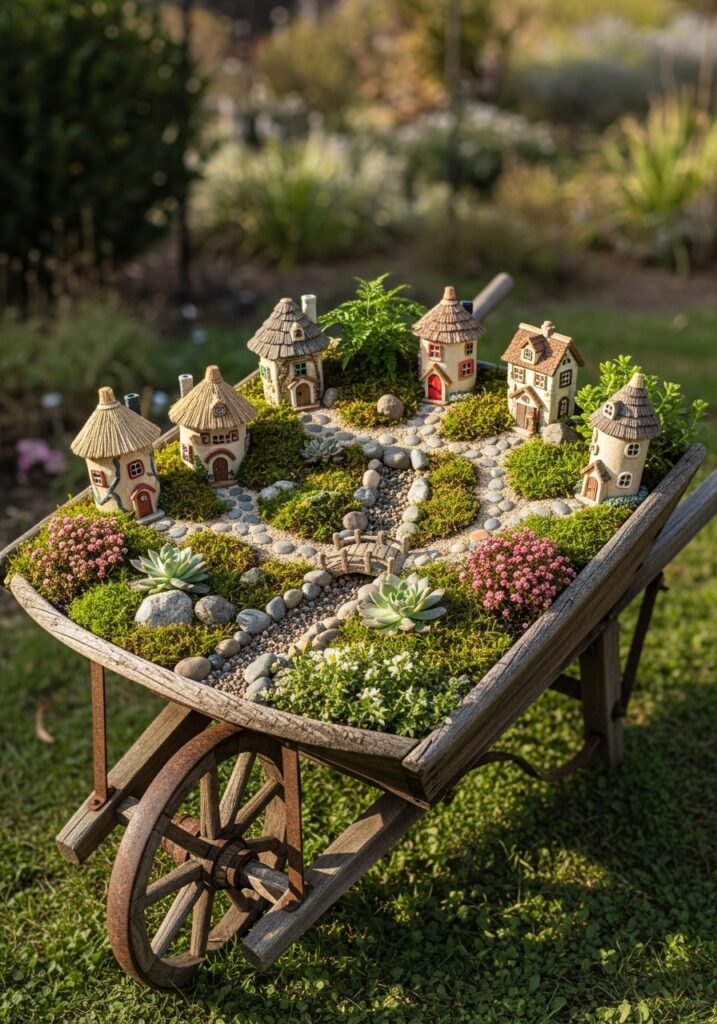 Large fairy garden built in vintage wheelbarrow with multiple houses
