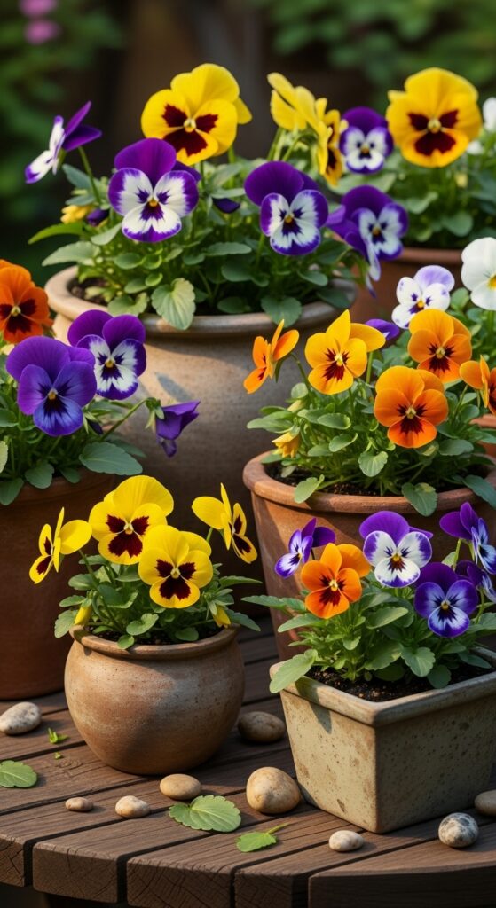 Mixed colored pansies in terracotta pots showing flower faces creating whimsical container garden