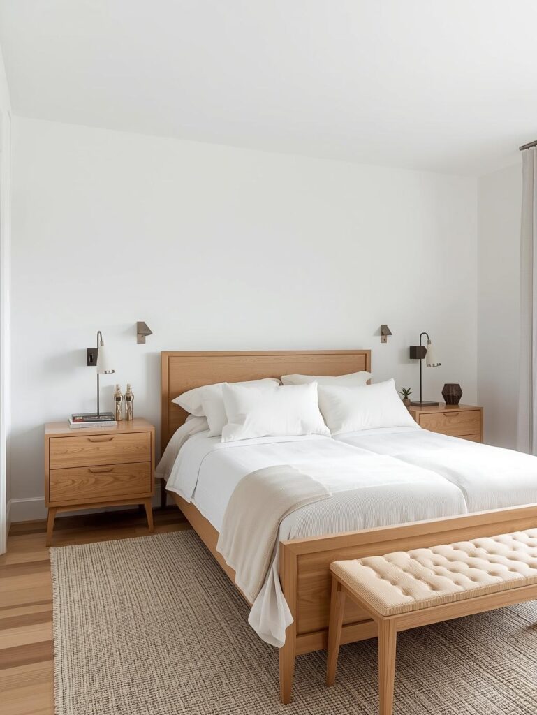White bedroom with light wood furniture and warm natural accents
