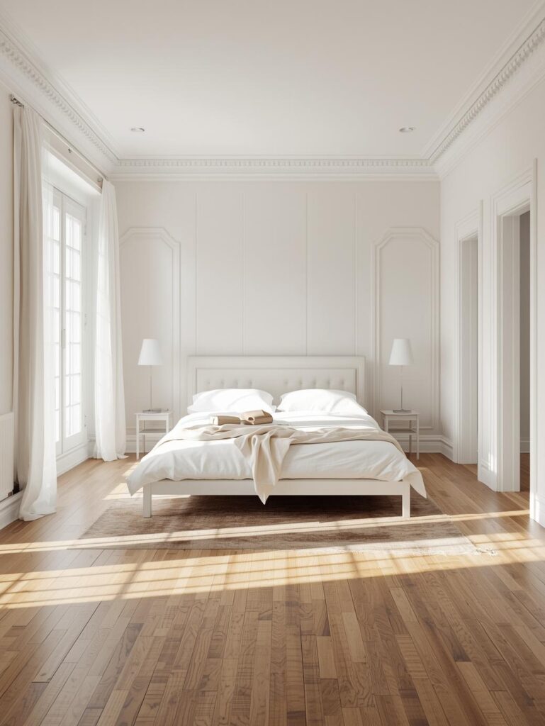 Modern white bedroom featuring wood flooring and neutral decor