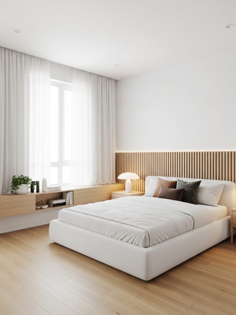 Modern white bedroom with warm wood accents