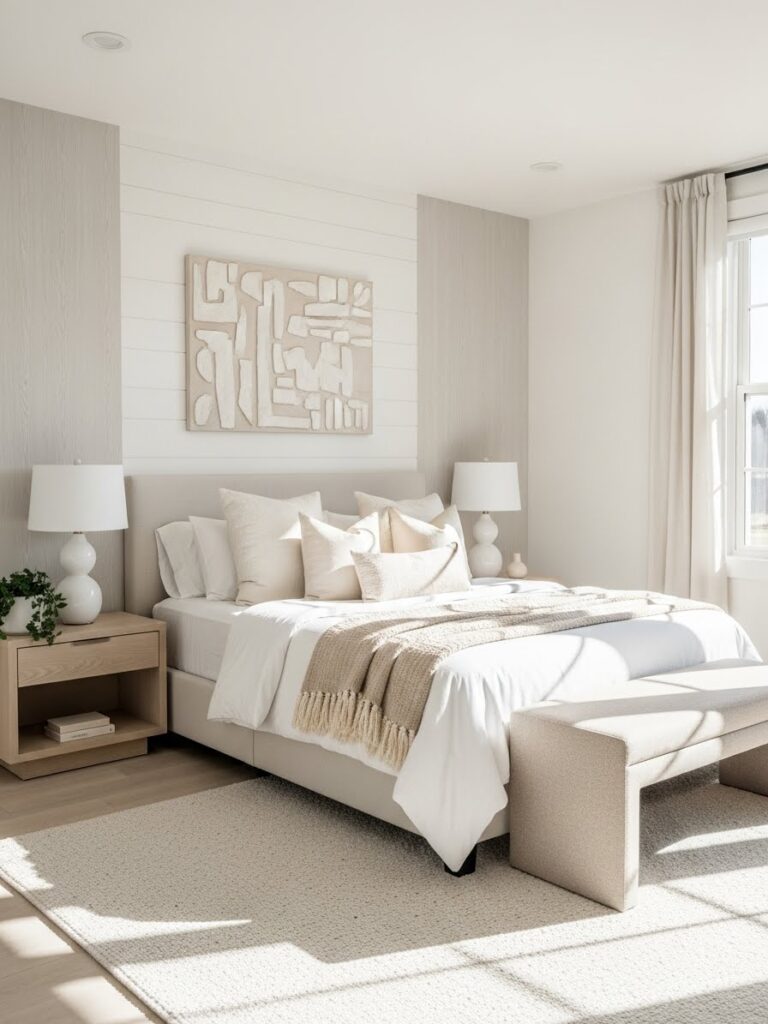 Modern white bedroom with layered neutral colors and bright natural light