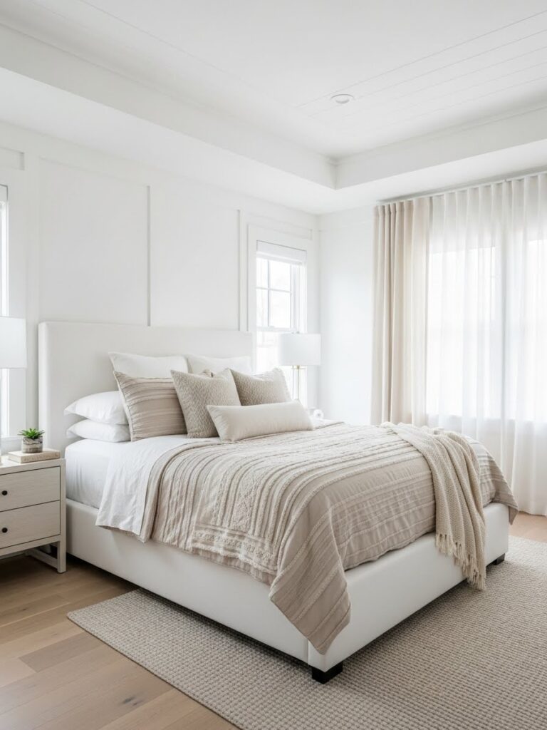 White bedroom layered with beige and cream tones for a warm and cozy neutral look