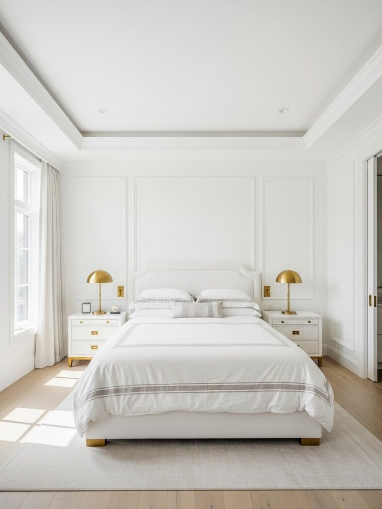 White bedroom with brass and gold accents creating a warm and elegant look