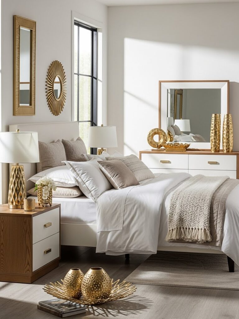Modern white bedroom styled with gold accents and bright natural light