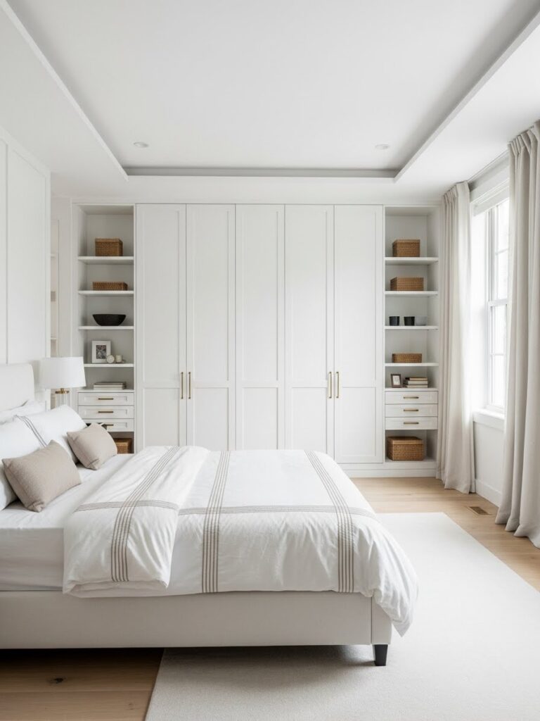 White bedroom with built-in storage creating a clean and organized look