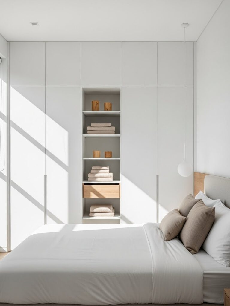 Modern white bedroom with built-in closets and bright natural light
