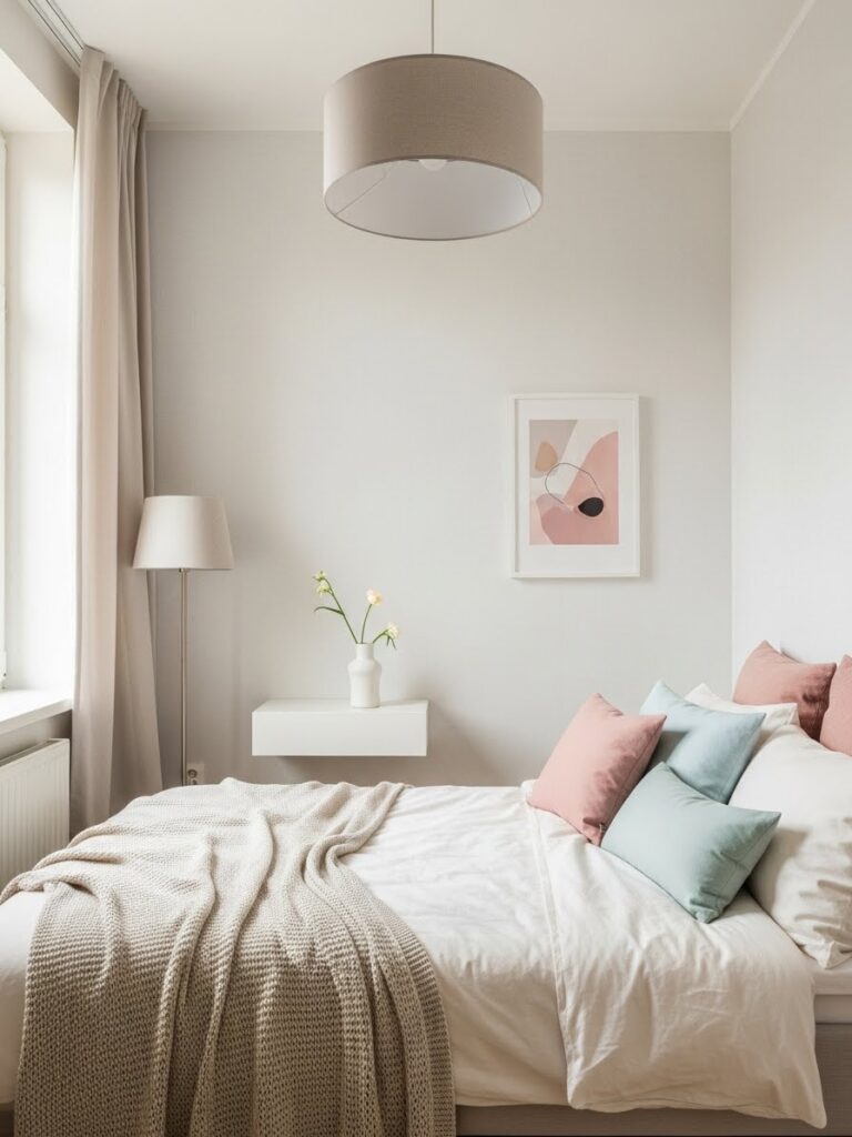 Modern white bedroom for small rooms with layered textures and light colors