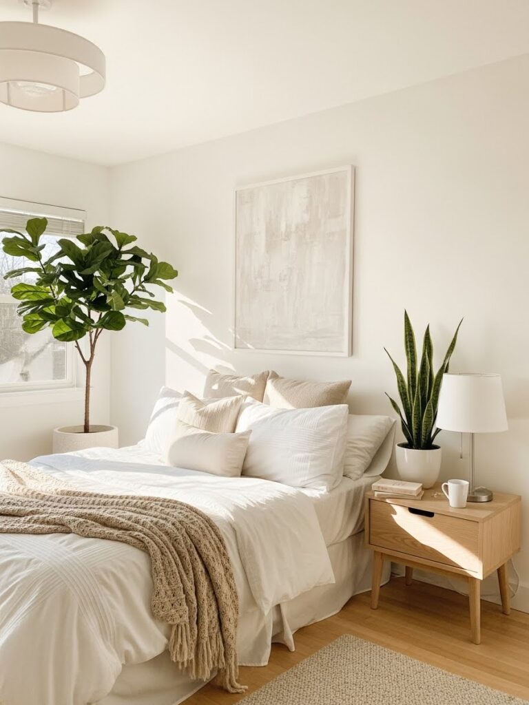 Bright white bedroom styled with indoor plants for a fresh, modern look