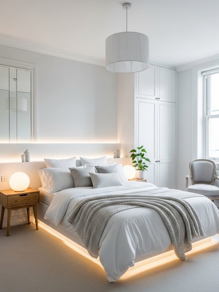 Bright white bedroom featuring layered lighting and a cozy modern feel