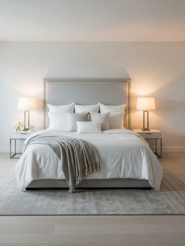 Modern white bedroom with layered textures showing a soft and elegant color palette