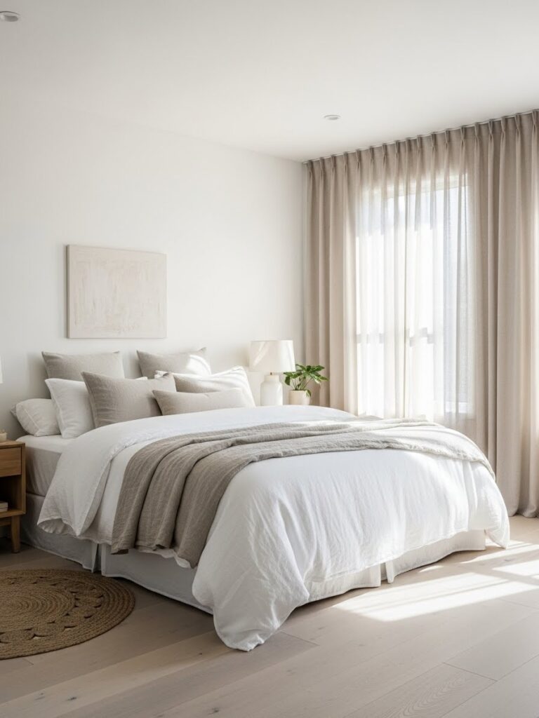 White bedroom styled with linen textiles for a soft and relaxed look