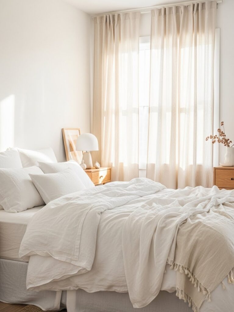 Bright white bedroom with linen bedding and soft natural textures