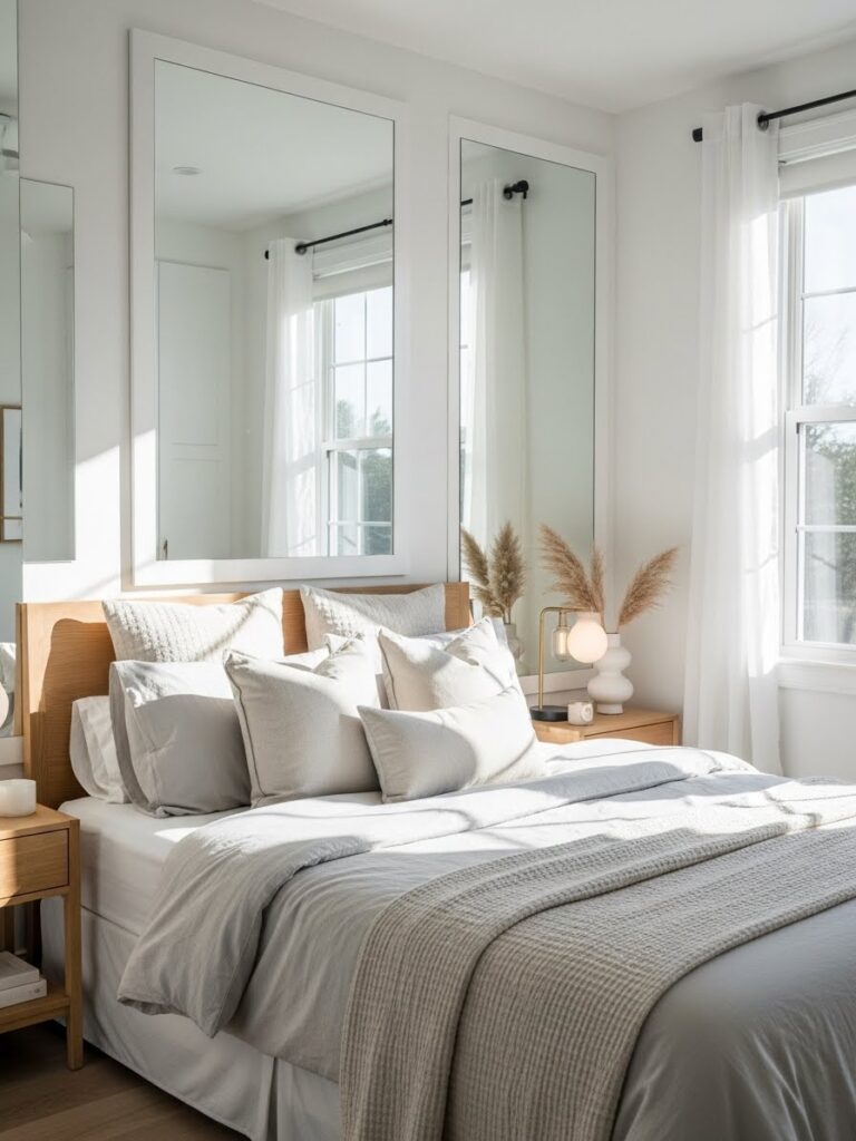 Bright white bedroom featuring mirrors to create a light and open feel