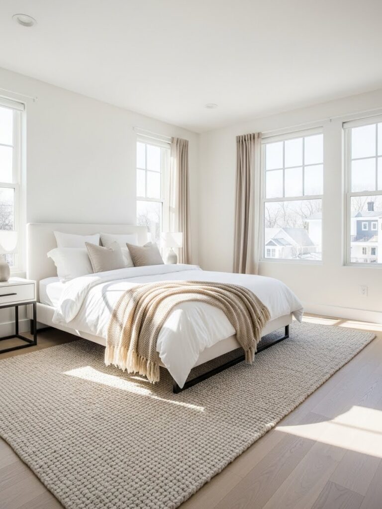 White bedroom with a neutral area rug adding warmth and texture