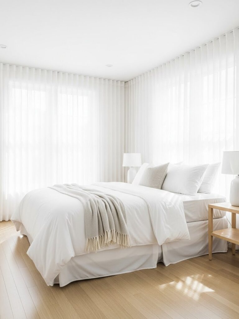 White bedroom with sheer curtains and soft natural light creating an airy feel