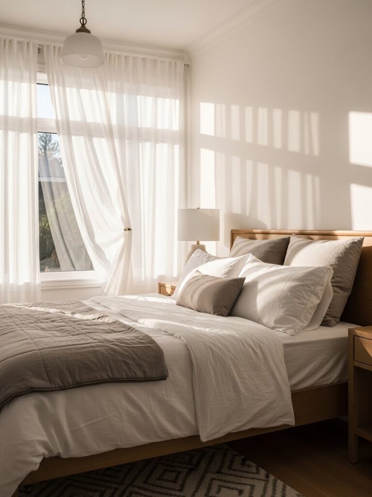 Bright white bedroom featuring sheer curtains and a soft, airy atmosphere