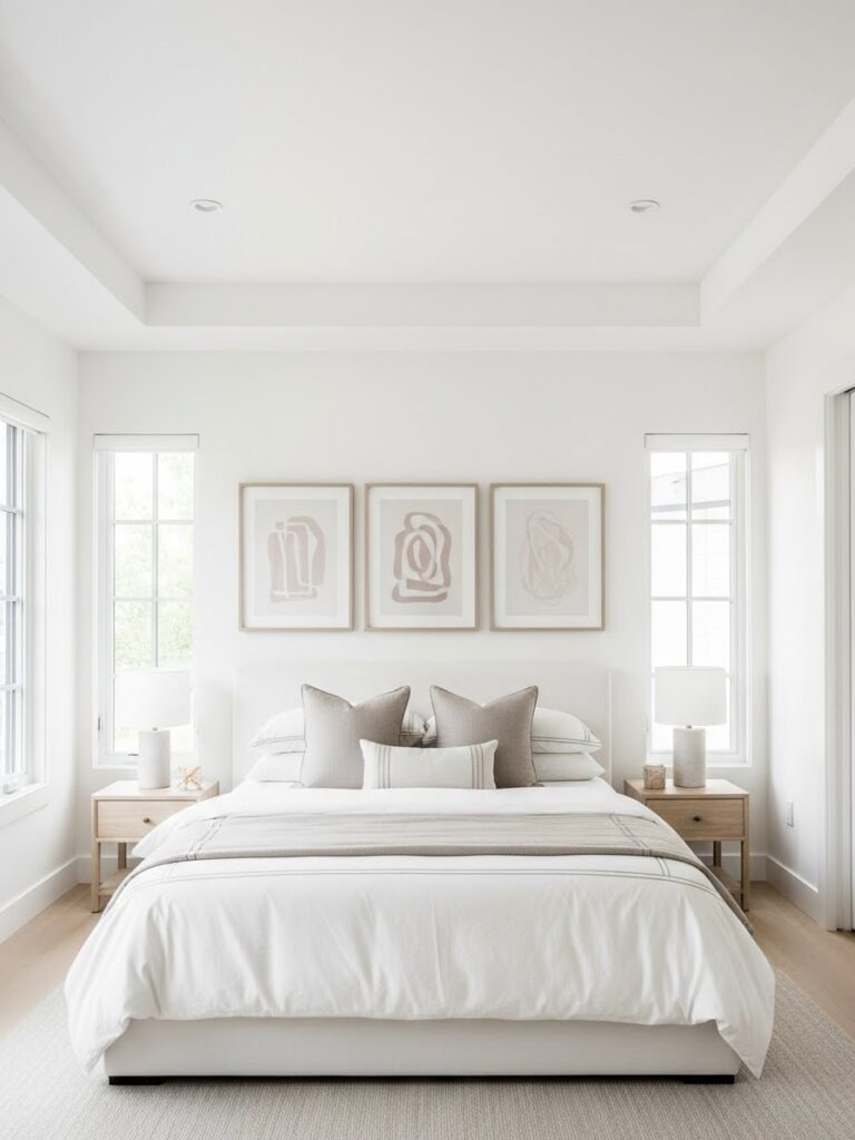 White bedroom with simple artwork creating a calm and modern aesthetic