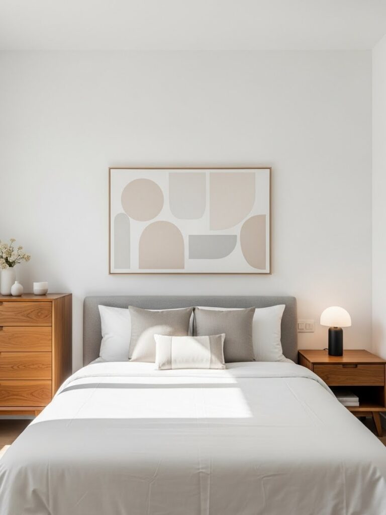 Modern white bedroom styled with minimal artwork and bright natural light