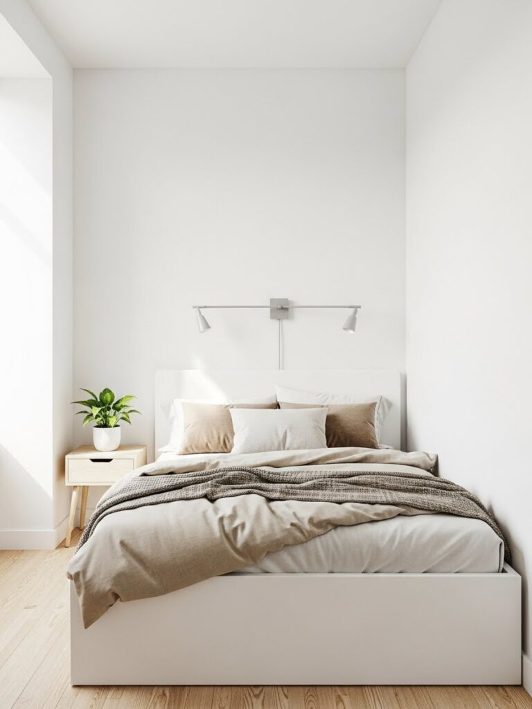 Small white bedroom designed to feel bright, open, and visually spacious