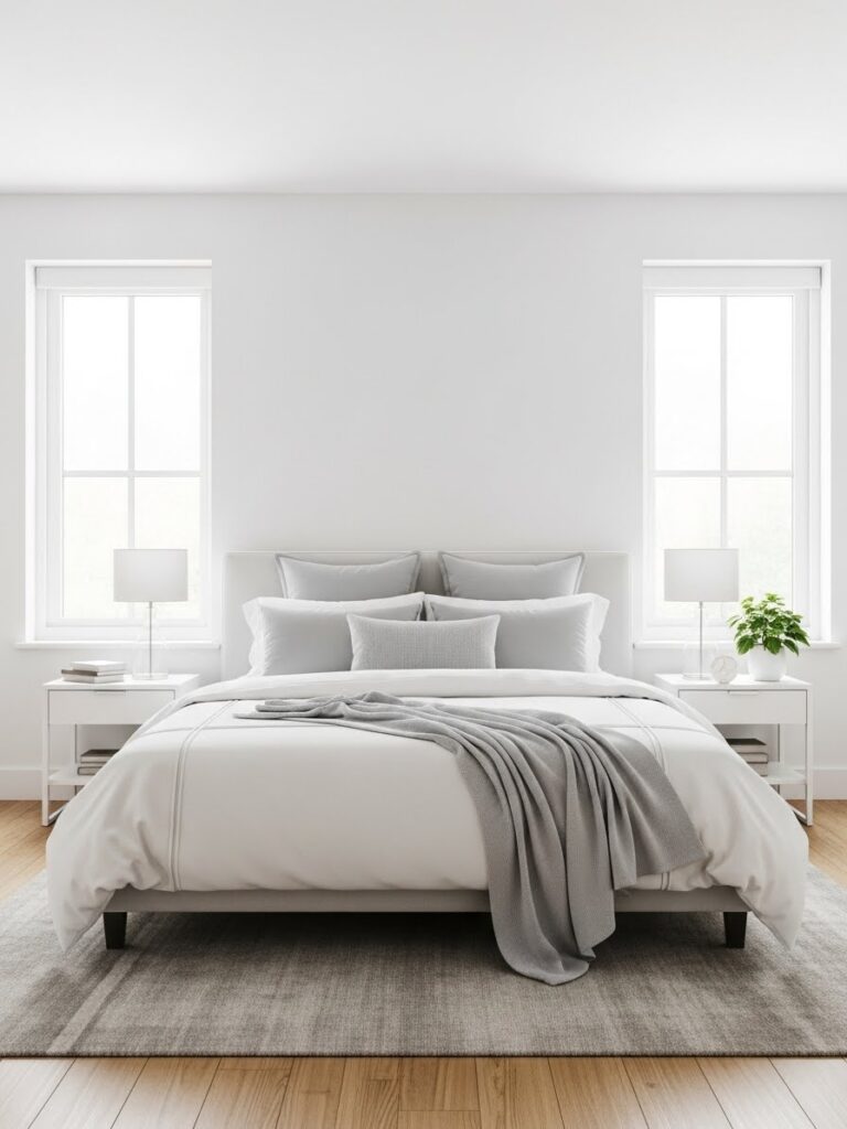 White bedroom with soft gray accents creating a calm and balanced look