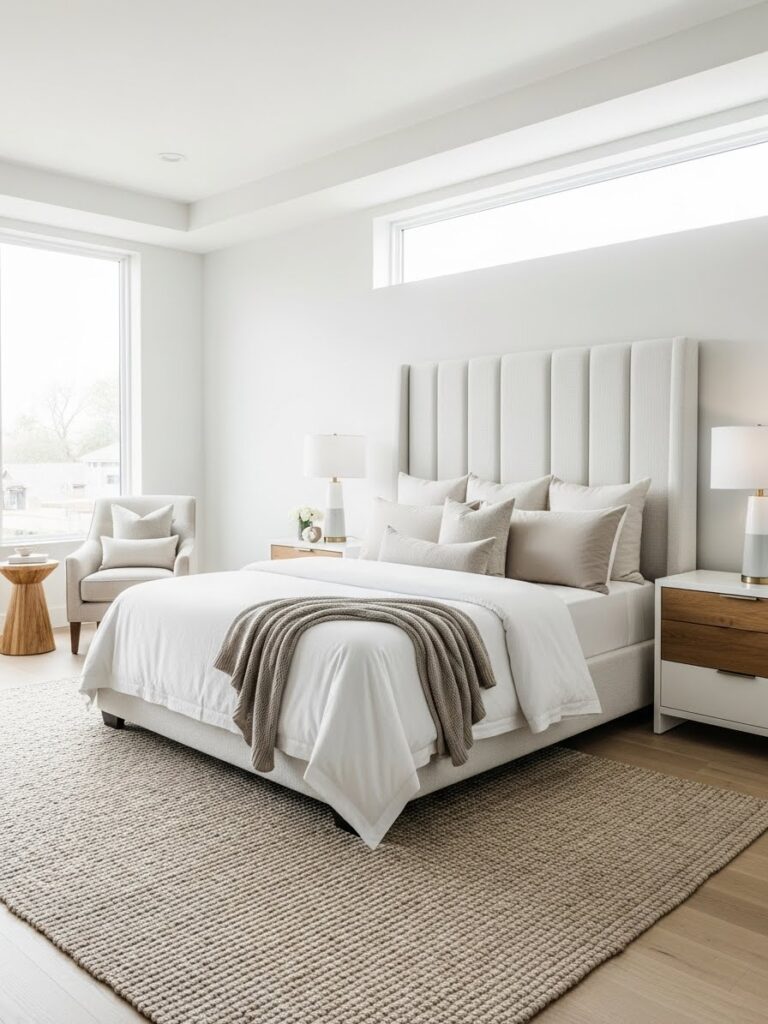 Modern white bedroom featuring a bold headboard and bright, elegant styling