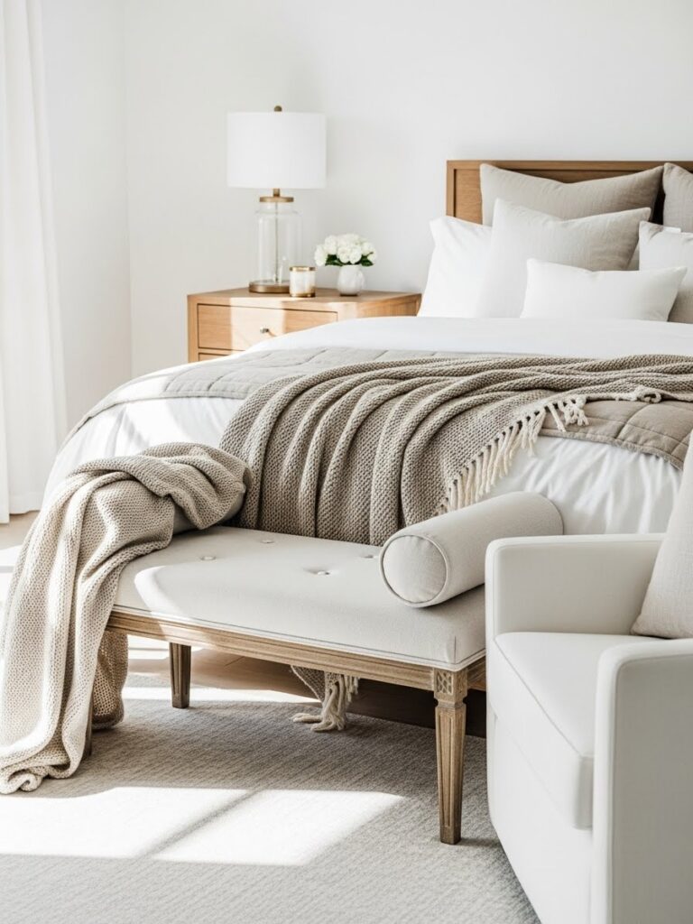 Bright white bedroom with upholstered seating and warm neutral styling
