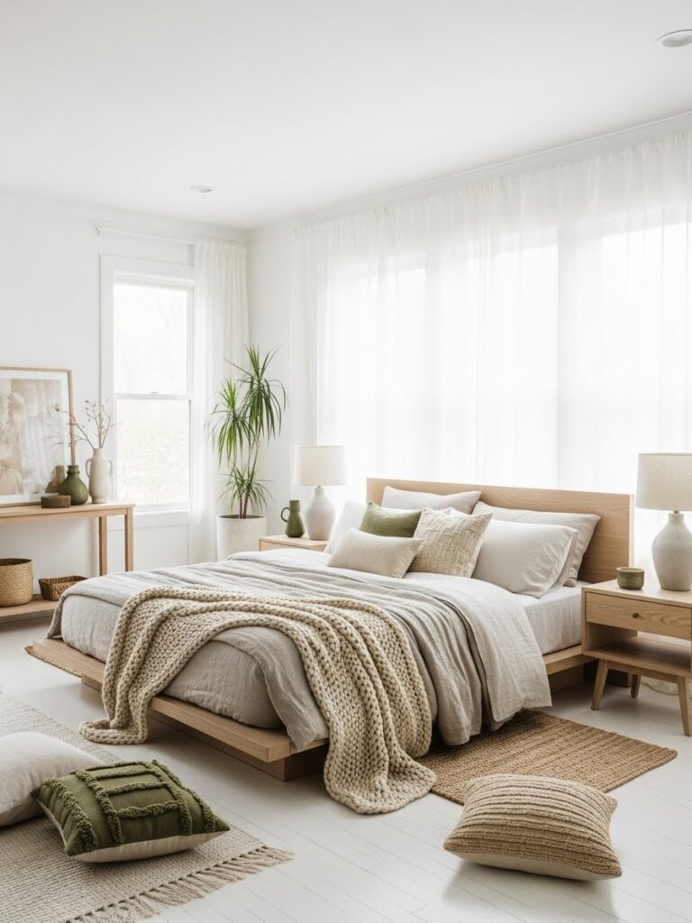 White beige and wood layered bedroom palette with natural modern design