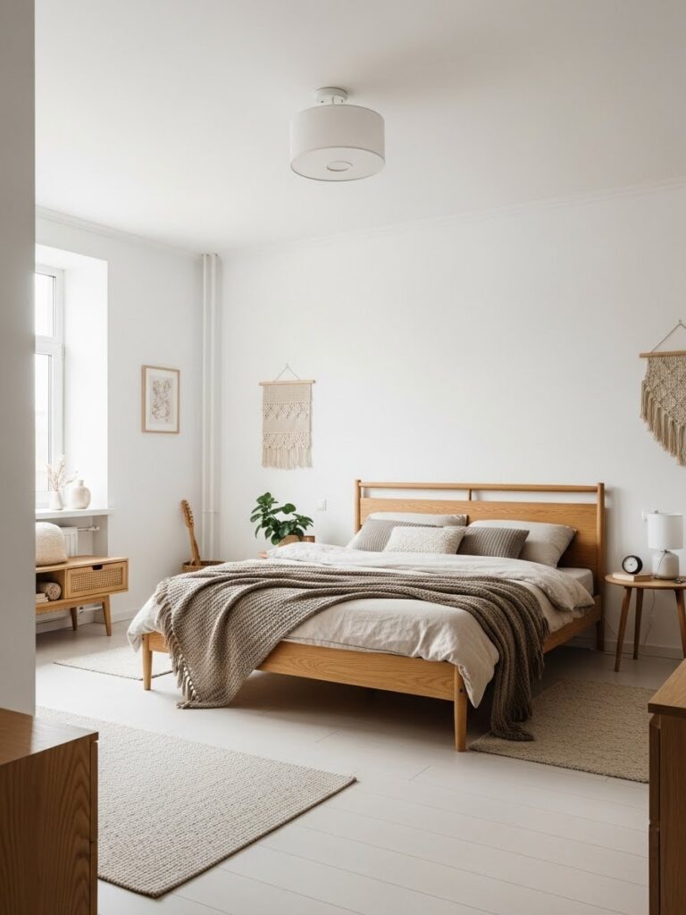 White, beige, and wood layered modern bedroom color palette with full room view