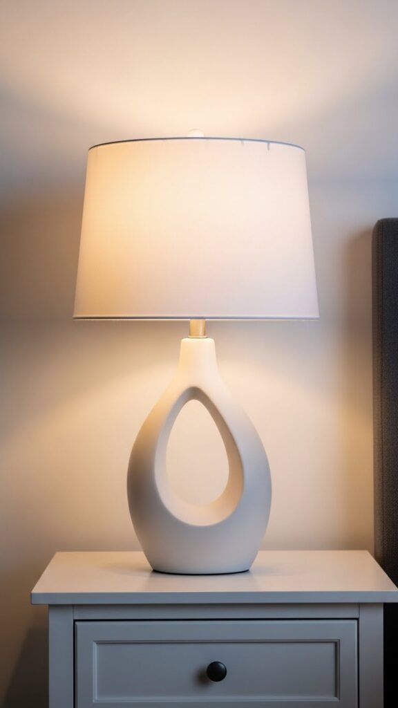 White ceramic table lamp with linen shade providing warm ambient light on bedroom nightstand