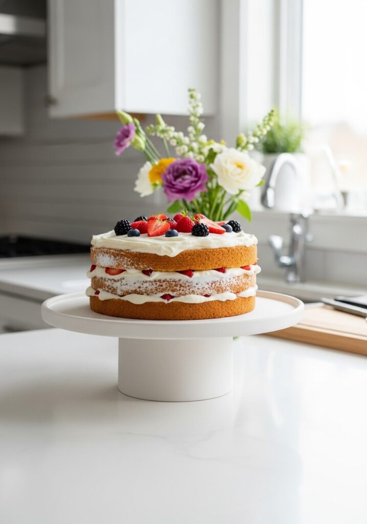 Modern white air dry clay cake stand with layered cake on kitchen counter