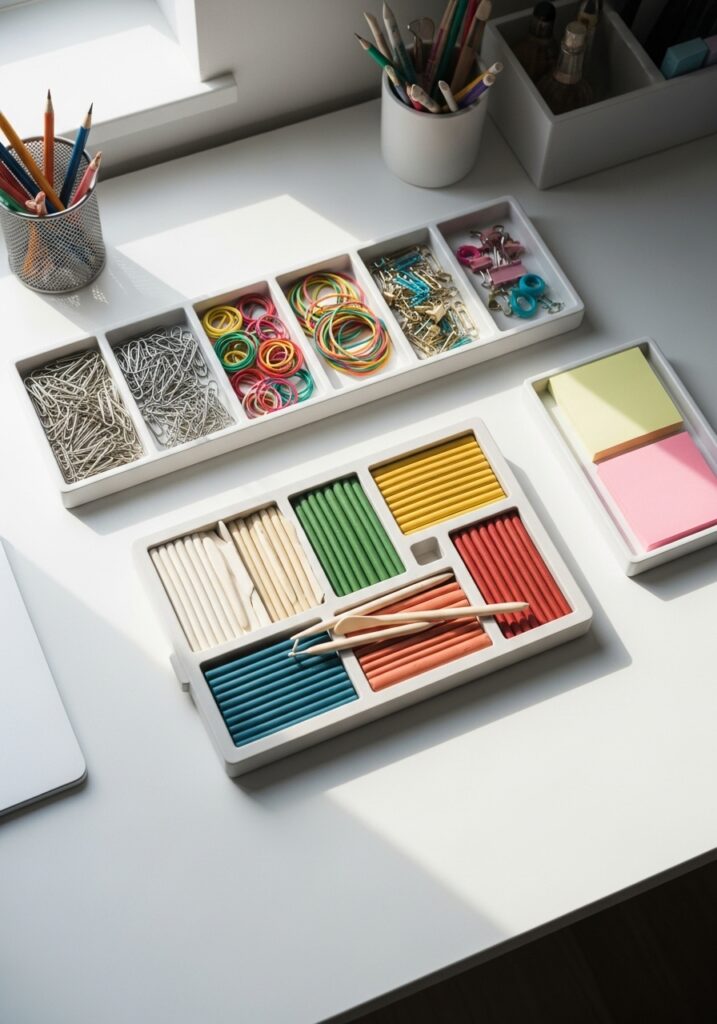 Handmade white air dry clay desk organizer tray with compartments for office supplies