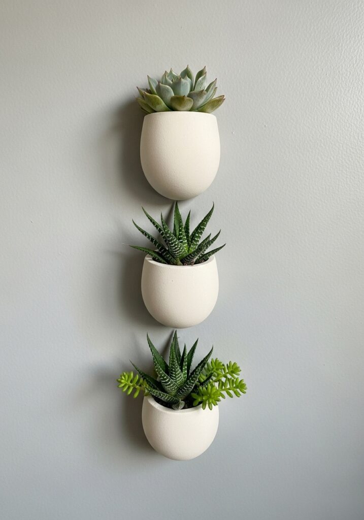 Three white handmade air dry clay wall planters with succulents mounted on gray wall
