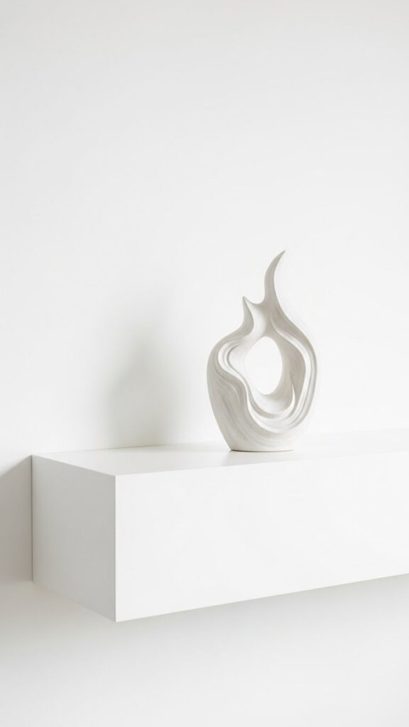 White floating shelf displaying single white ceramic piece with maximum negative space showing minimalism
